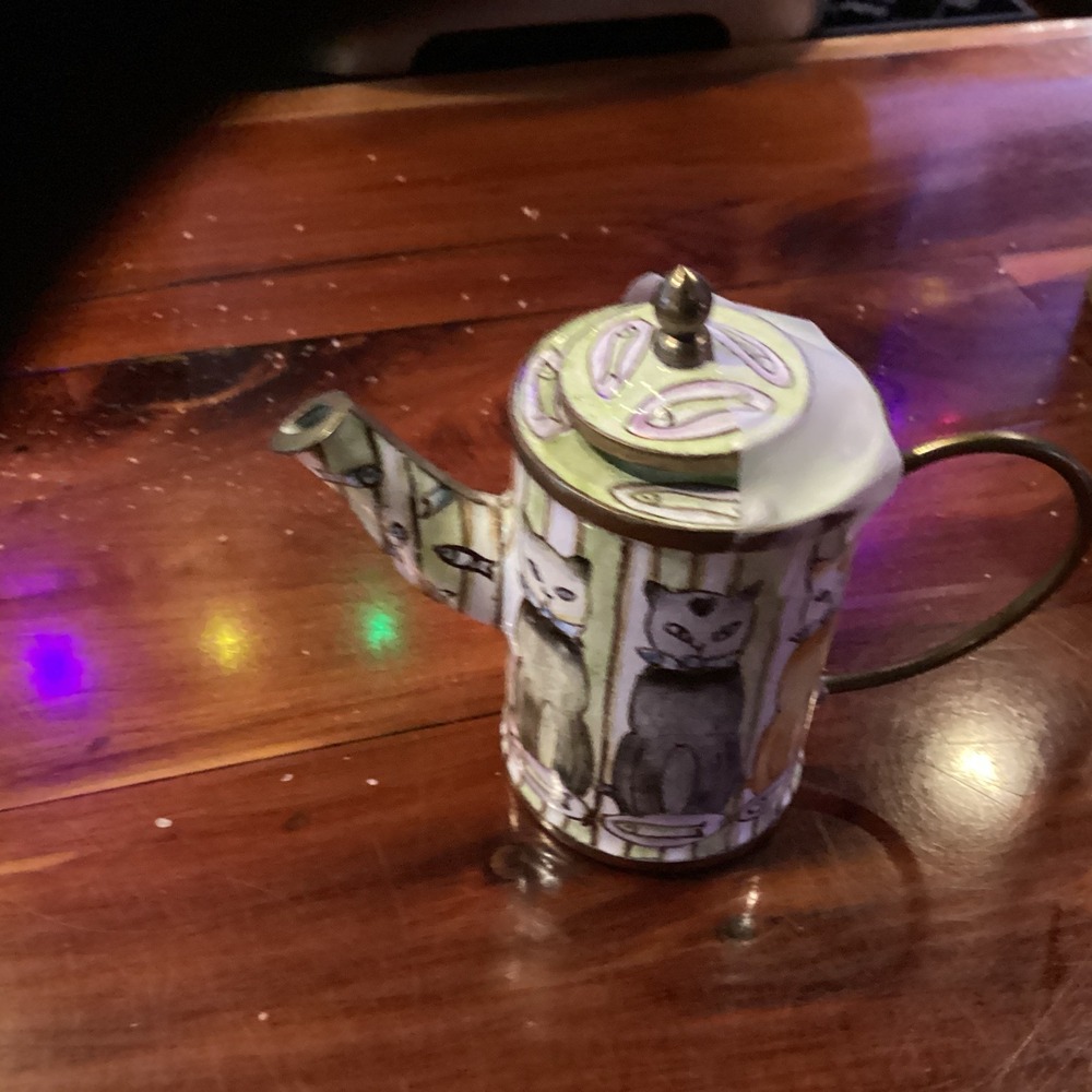 Empress Arts 3" Mini Enamel Tea-Pot Watering-Can Cats & Fish Vtg 2000 Kittens S1